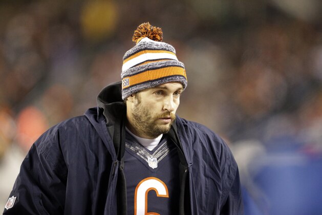 Chicago Bears quarterback Jay Cutler (6) walks around the bench during the second half of an NFL football game against the Dallas Cowboys Thursday, Dec. 4, 2014, in Chicago. (AP Photo/Nam Y. Huh)