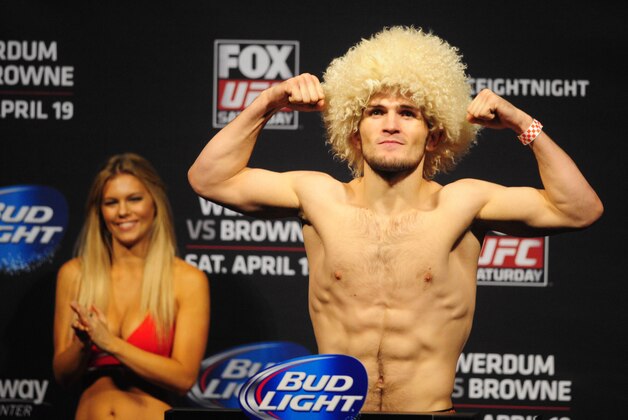 Apr 18, 2014; Orlando, FL, USA; Khabib Nurmagomedov poses during a weigh-in for UFC on FOX 11 at Amway Center. Mandatory Credit: David Manning-USA TODAY Sports