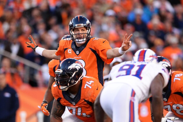 Dec 7, 2014; Denver, CO, USA; Denver Broncos quarterback Peyton Manning (18) calls an audible in the third quarter against the Buffalo Bills at Sports Authority Field at Mile High. The Broncos defeated the Bills 24-17. Mandatory Credit: Ron Chenoy-USA TODAY Sports