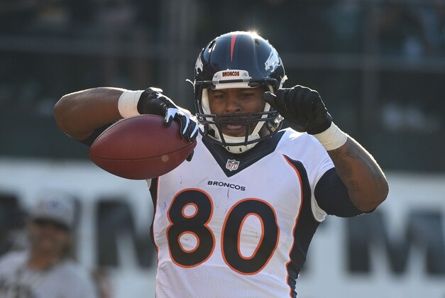 November 9, 2014; Oakland, CA, USA; Denver Broncos tight end Julius Thomas (80) celebrates after scoring a touchdown during the third quarter against the Oakland Raiders at O.co Coliseum. The Broncos defeated the Raiders 41-17. Mandatory Credit: Kyle Terada-USA TODAY Sports