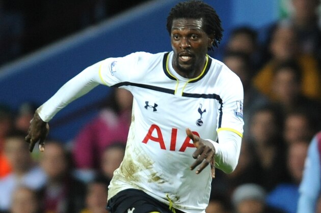 Tottemham's Emmanuel Adebayor during the English Premier League soccer match between Aston Villa and Tottenham Hotspur at Villa Park, Birmingham, England, Sunday, Nov. 2, 2014. (AP Photo/Rui Vieira)