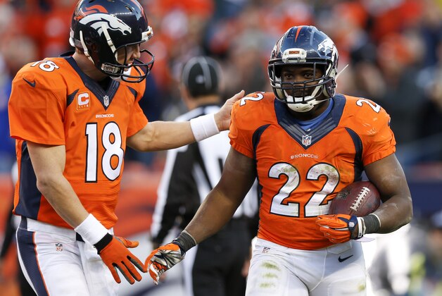 Denver Broncos running back C.J. Anderson, right, celebrates his touchdown with quarterback Peyton Manning during the second half in an NFL football game Sunday, Dec. 7, 2014, in Denver. (AP Photo/David Zalubowski)
