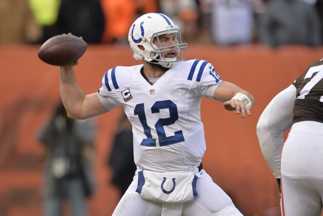 Indianapolis Colts quarterback Andrew Luck looks to pass during an NFL football game against the Cleveland Browns Sunday, Dec. 7, 2014, in Cleveland. The Colts won 25-24. (AP Photo/David Richard)