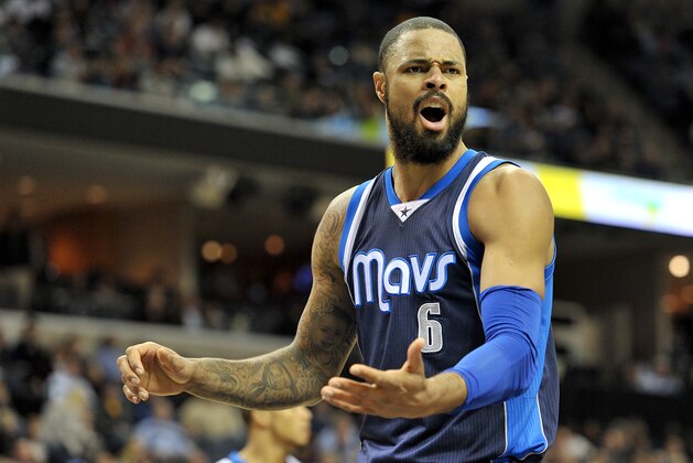 Dallas Mavericks center Tyson Chandler (6) reacts to a referee's call in the first half of an NBA basketball game Tuesday, Dec. 9, 2014, in Memphis, Tenn. (AP Photo/Brandon Dill)
