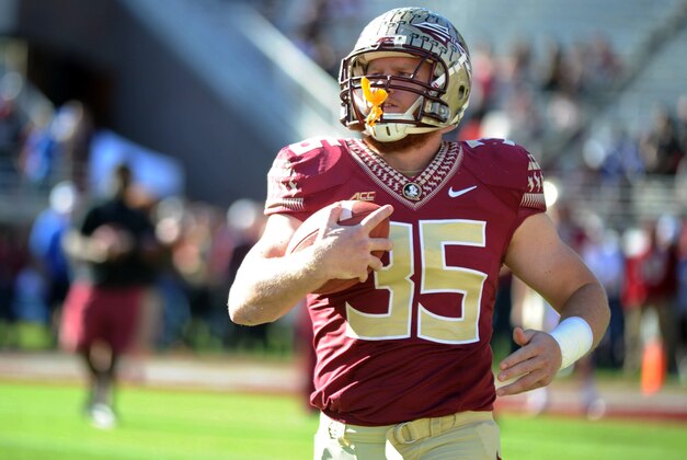 Nov 29, 2014; Tallahassee, FL, USA; Florida State Seminoles tight end Nick O'Leary (35) warms up before the start of the game against the Florida Gators at Doak Campbell Stadium. Mandatory Credit: Melina Vastola-USA TODAY Sports