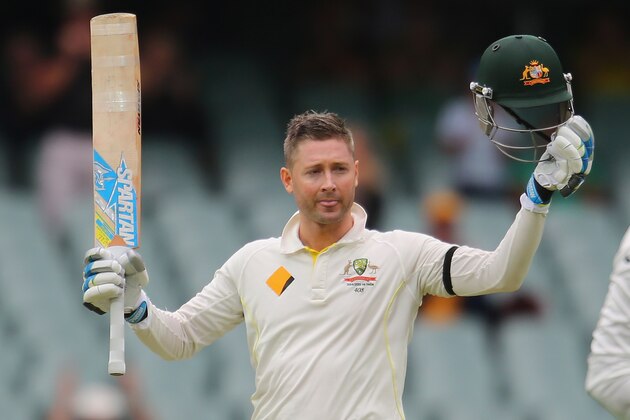 ADELAIDE, AUSTRALIA - DECEMBER 10:  Michael Clarke of Australia celebrates as he reaches his century during day two of the First Test match between Australia and India at Adelaide Oval on December 10, 2014 in Adelaide, Australia.  (Photo by Scott Barbour/Getty Images)