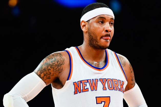 NEW YORK, NY - DECEMBER 07: Carmelo Anthony #7 of the New York Knicks looks on in the second half during a game against the Portland Trail Blazers at Madison Square Garden on December 7, 2014 in New York City. NOTE TO USER: User expressly acknowledges and agrees that, by downloading and/or using this photograph, user is consenting to the terms and conditions of the Getty Images License Agreement. (Photo by Alex Goodlett/Getty Images) NEW YORK, NY - DECEMBER 07: Carmelo Anthony #7 of the New York Knicks looks on in the second half during a game against the Portland Trail Blazers at Madison Square Garden on December 7, 2014 in New York City. NOTE TO USER: User expressly acknowledges and agrees that, by downloading and/or using this photograph, user is consenting to the terms and conditions of the Getty Images License Agreement. (Photo by Alex Goodlett/Getty Images)