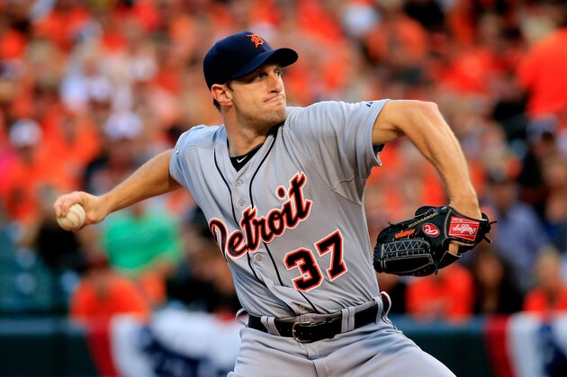 BALTIMORE, MD - OCTOBER 02:  Max Scherzer #37 of the Detroit Tigers throws a pitch in the first inning against the Baltimore Orioles during Game One of the American League Division Series at Oriole Park at Camden Yards on October 2, 2014 in Baltimore, Maryland.  (Photo by Rob Carr/Getty Images)
