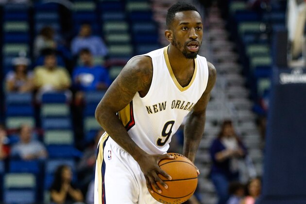 Oct 16, 2014; New Orleans, LA, USA; New Orleans Pelicans guard Russ Smith (9) against the Oklahoma City Thunder during a preseason game at the Smoothie King Center. The Pelicans defeated the Thunder 120-86. Mandatory Credit: Derick E. Hingle-USA TODAY Sports