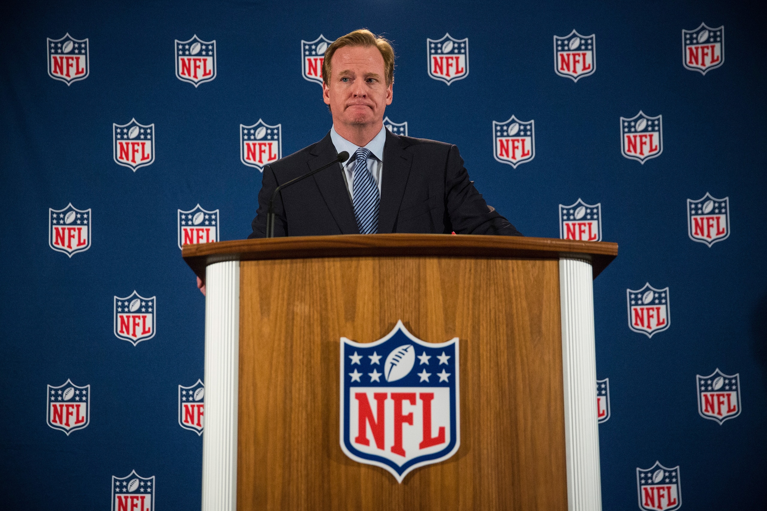 NEW YORK, NY - OCTOBER 08:  NFL Commissioner Roger Goodell holds a press conference on October 8, 2014 in New York City. Goodell addressed the media at the conclusion of the annual Fall league meeting in the wake of a string of high-profile incidents, including the domestic violence case of Ray Rice.  (Photo by Andrew Burton/Getty Images)