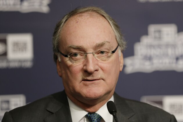 Notre Dame athletic director Jack Swarbrick speaks during a news conference before the Pinstripe Bowl NCAA college football game between the Rutgers and Notre Dame Saturday, Dec. 28, 2013, at Yankee Stadium in New York. (AP Photo/Frank Franklin II)