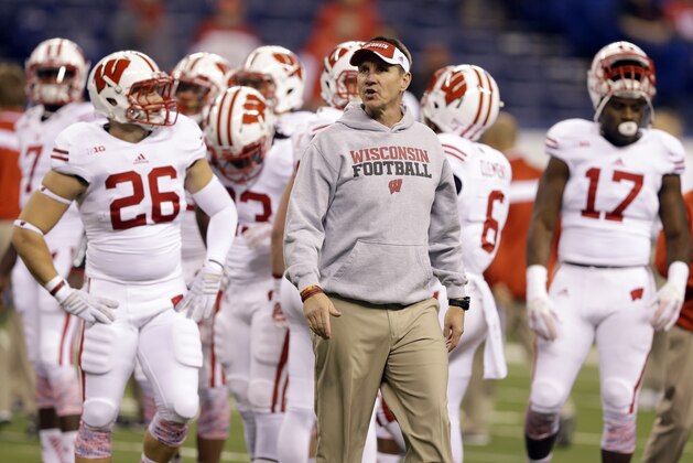 Wisconsin head coach Gary Andersen roams the field before the start of the Big Ten Conference championship NCAA college football game between Ohio State and Wisconsin Saturday, Dec. 6, 2014, in Indianapolis. (AP Photo/Michael Conroy)