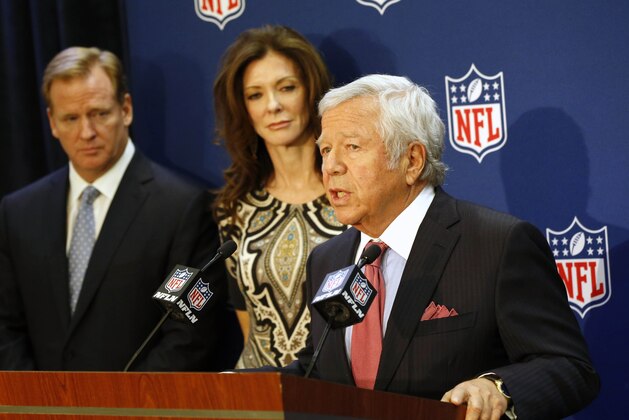 Dec 10, 2014; Irving, TX, USA;  New England Patriots owner Robert Kraft (right) addresses the media as NFL commissioner Roger Goodell (left) and Dallas Cowboys executive vice president Charlotte Jones Anderson (center) look on at the Las Colinas Four Seasons Hotel. Mandatory Credit: Tim Heitman-USA TODAY Sports