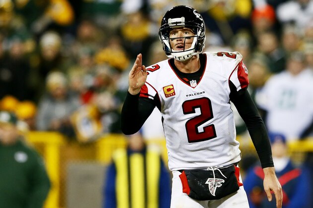 GREEN BAY, WI - DECEMBER 08:   Matt Ryan #2 of the Atlanta Falcons calls a play against the Green Bay Packers in the second half at Lambeau Field on December 8, 2014 in Green Bay, Wisconsin.  (Photo by Kevin C. Cox/Getty Images)