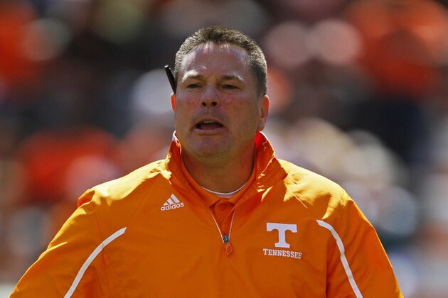 Tennessee head coach Butch Jones reacts during the annual Orange and White NCAA college spring football game on Saturday, April 12, 2014, in Knoxville, Tenn. (AP Photo/Wade Payne)
