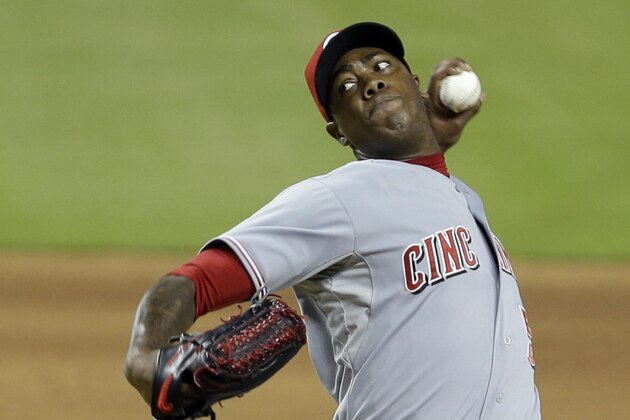 Cincinnati Reds' Aroldis Chapman (54) pitches against the Miami Marlins in the ninth inning of a baseball game in Miami, Thursday, July 31, 2014. The Reds won 3-1. (AP Photo/Alan Diaz)