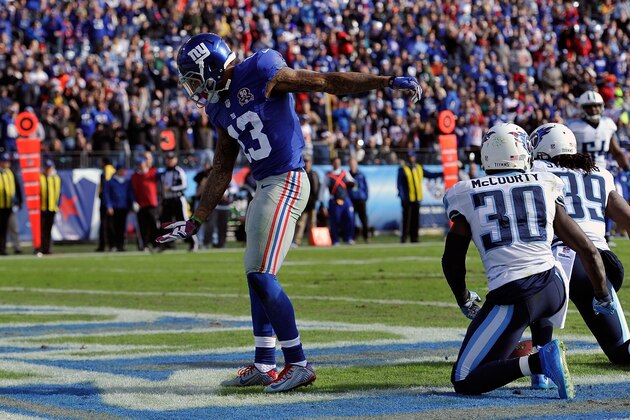 NASHVILLE, TN - DECEMBER 07:  Wide reciever Odell Beckham Jr. #13 of the New York Giants celebrates after scoring a touchdown against the Tennessee Titans during the first quarter in a game at LP Field on December 7, 2014 in Nashville, Tennessee.  (Photo by Frederick Breedon/Getty Images)