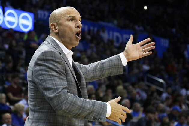 Milwaukee Bucks head coach Jason Kidd gestures in the fourth quarter of an NBA basketball game against the Oklahoma City Thunder in Oklahoma City, Tuesday, Dec. 9, 2014. Oklahoma City won 114-101. (AP Photo/Sue Ogrocki)