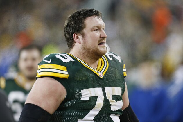 Green Bay Packers' Bryan Bulaga during the first half of an NFL football game against the Atlanta Falcons  Monday, Dec. 8, 2014, in Green Bay, Wis. (AP Photo/Mike Roemer)