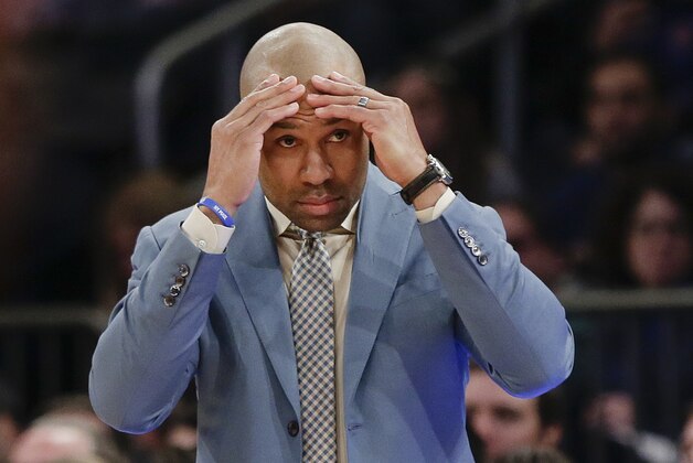 New York Knicks' Derek Fisher reacts to a call during the first half of an NBA basketball game against the Portland Trail Blazers Sunday, Dec. 7, 2014, in New York. The Trail Blazers won the game 103-99. (AP Photo/Frank Franklin II)