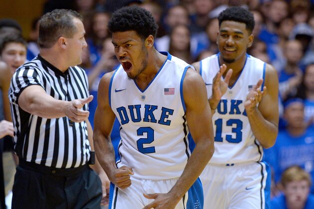DURHAM, NC - NOVEMBER 15:  Quinn Cook #2 of the Duke Blue Devils reacts after forcing a turnover against the Fairfield Stags during their game at Cameron Indoor Stadium on November 15, 2014 in Durham, North Carolina.  (Photo by Grant Halverson/Getty Images)