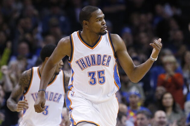 Oklahoma City Thunder forward Kevin Durant (35) gestures as he runs up the court in the second quarter of an NBA basketball game against the Milwaukee Bucks in Oklahoma City, Tuesday, Dec. 9, 2014. (AP Photo/Sue Ogrocki) Oklahoma City Thunder forward Kevin Durant (35) gestures as he runs up the court in the second quarter of an NBA basketball game against the Milwaukee Bucks in Oklahoma City, Tuesday, Dec. 9, 2014. (AP Photo/Sue Ogrocki)