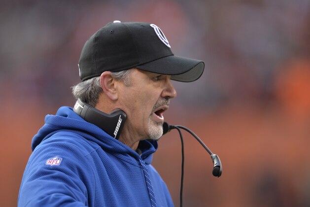 Indianapolis Colts head coach Chuck Pagano watches from the sidelines during an NFL football game against the Cleveland Browns Sunday, Dec. 7, 2014, in Cleveland. The Colts won 25-24. (AP Photo/David Richard)