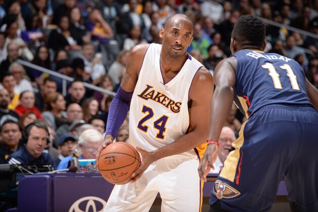 LOS ANGELES, CA - DECEMBER 7:  Kobe Bryant #24 of the Los Angeles Lakers handles the ball against the New Orleans Pelicans during the game on December 7, 2014 at STAPLES Center in Los Angeles, California. NOTE TO USER: User expressly acknowledges and agrees that, by downloading and/or using this Photograph, user is consenting to the terms and conditions of the Getty Images License Agreement. Mandatory Copyright Notice: Copyright 2014 NBAE (Photo by Andrew D. Bernstein/NBAE via Getty Images)