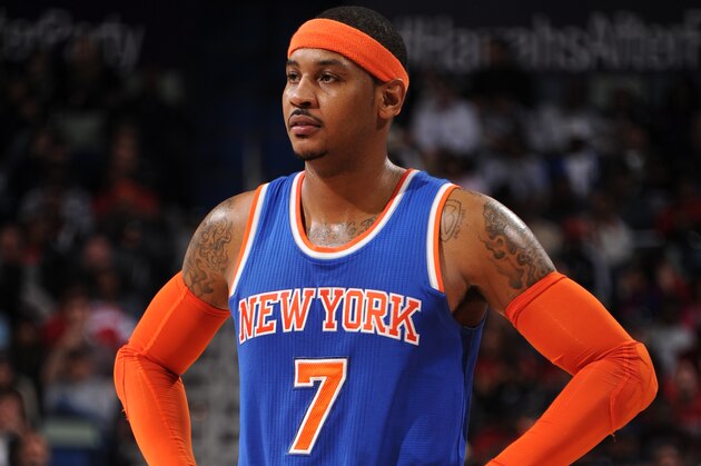 NEW ORLEANS, LA - DECEMBER 9:  Carmelo Anthony #7 of the New York Knicks during the game against the New Orleans Pelicans on December 9, 2014 at the Smoothie King Center in New Orleans, Louisiana. NOTE TO USER: User expressly acknowledges and agrees that, by downloading and or using this Photograph, user is consenting to the terms and conditions of the Getty Images License Agreement. Mandatory Copyright Notice: Copyright 2014 NBAE (Photo by Bill Baptist/NBAE via Getty Images)