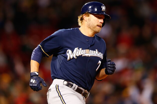 BOSTON, MA - APRIL 05: Mark Reynolds #5 of the Milwaukee Brewers runs around first base after hitting a home run in the second inning against the Boston Red Sox during the game at Fenway Park on April 5, 2014 in Boston, Massachusetts.  (Photo by Jared Wickerham/Getty Images)