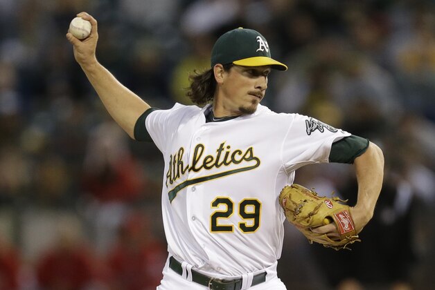 Oakland Athletics' Jeff Samardzija works against the Los Angeles Angels in the first inning of a baseball game Monday, Sept. 22, 2014, in Oakland, Calif. (AP Photo/Ben Margot)