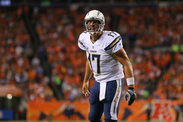 DENVER, CO - OCTOBER 23:  Quarterback Philip Rivers #17 of the San Diego Chargers yells during a drive against the Denver Broncos at Sports Authority Field at Mile High on October 23, 2014 in Denver, Colorado.  (Photo by Justin Edmonds/Getty Images)