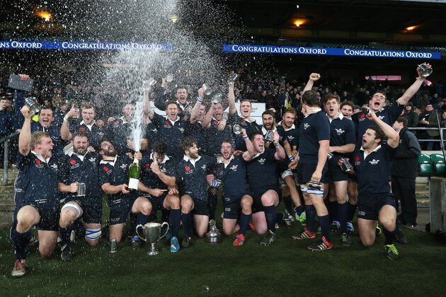 LONDON, ENGLAND - DECEMBER 11:  Oxford celebrate after their victory during the Varsity match between Oxford University and Cambridge University at Twickenham Stadium on December 11, 2014 in London, England.  (Photo by David Rogers/Getty Images)