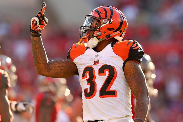 TAMPA, FL - NOVEMBER 30:  Jeremy Hill #32 of the Cincinnati Bengals reacts to a play during a game against the Tampa Bay Buccaneers  at Raymond James Stadium on November 30, 2014 in Tampa, Florida.  (Photo by Mike Ehrmann/Getty Images)