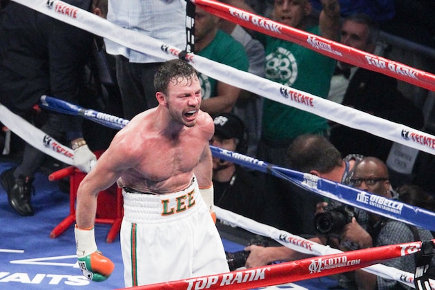 Jun 7, 2014; New York, NY, USA;  Andy Lee reacts after knocking out John Jackson in the NABF Super Welterweight fight at Madison Square Garden. Mandatory Credit: Noah K. Murray-USA TODAY Sports