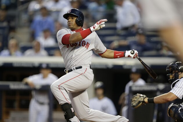 Boston Red Sox left fielder Yoenis Cespedes watches a first-inning RBI double off New York Yankees starting pitcher Shane Greene in a baseball game at Yankee Stadium in New York, Tuesday, Sept. 2, 2014. (AP Photo/Kathy Willens)