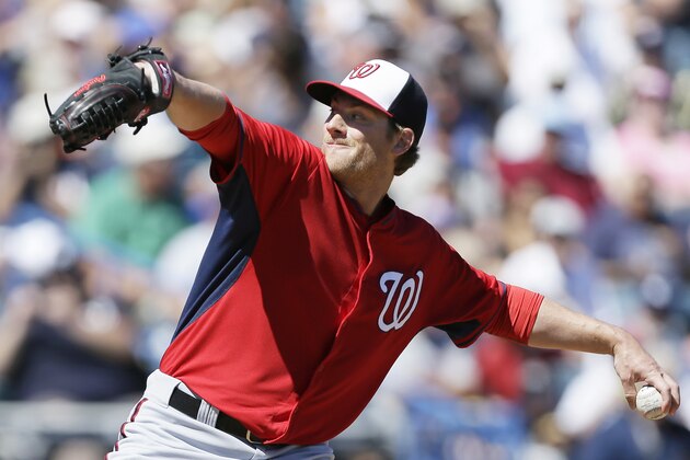 Washington Nationals starting pitcher Ross Detwiler throws a pitch during the first inning of an exhibition baseball game against the New York Yankees Monday, March 3, 2014, in Tampa, Fla. (AP Photo/Charlie Neibergall)
