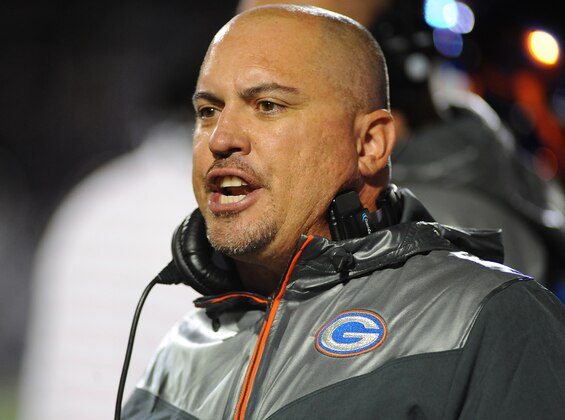 Sep 26, 2014; Las Vegas, NV, USA; Bishop Gorman Gaels head coach Tony Sanchez shouts toward a player during a game against the St. John Bosco Braves at Fertitta Field. Bishop Gorman won the game 34-31. Mandatory Credit: Stephen R. Sylvanie-USA TODAY Sports