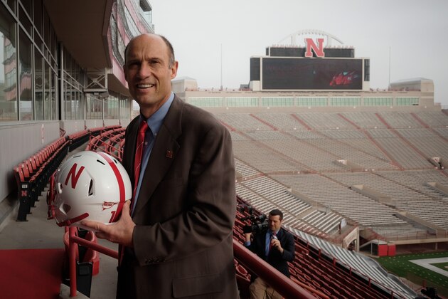 LINCOLN, NE - DECEMBER 5:  Mike Riley, newly hired head football coach at the University of Nebraska, talks with members of the media during a press conference inside Memorial Stadium December 5, 2014 in Lincoln, Nebraska.   (Photo by Eric Francis/Getty Images)