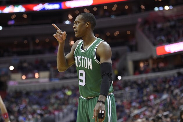 Boston Celtics guard Rajon Rondo (9) gestures during the first half of an NBA basketball game against the Washington Wizards, Monday, Dec. 8, 2014, in Washington. (AP Photo/Nick Wass)