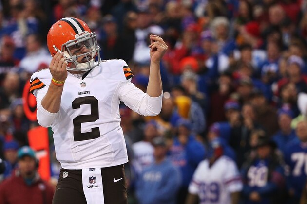 ORCHARD PARK, NY - NOVEMBER 30:  Johnny Manziel #2 of the Cleveland Browns celebrates a touchdown against the Buffalo Bills during the second half at Ralph Wilson Stadium on November 30, 2014 in Orchard Park, New York.  (Photo by Tom Szczerbowski/Getty Images)