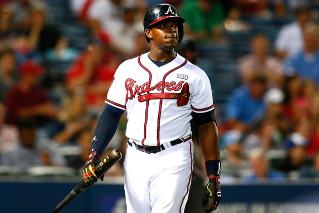ATLANTA, GA - SEPTEMBER 17:  Justin Upton #8 of the Atlanta Braves reacts after striking out in the sixth inning against the Washington Nationals at Turner Field on September 17, 2014 in Atlanta, Georgia.  (Photo by Kevin C. Cox/Getty Images)