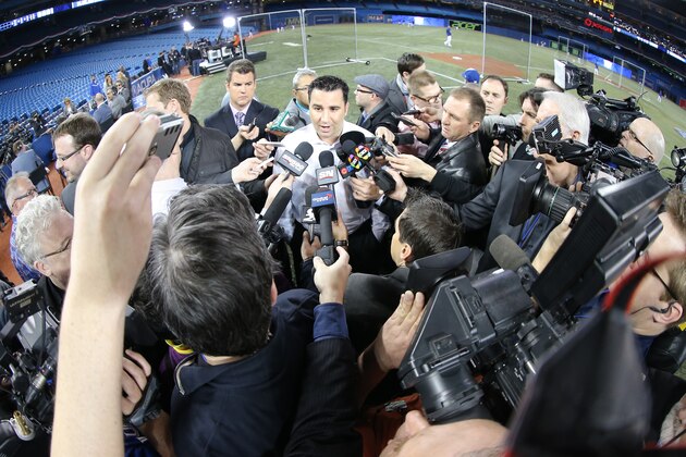TORONTO, CANADA - APRIL 4: General manager Alex Anthopoulos of the Toronto Blue Jays talks to media befoe MLB game action against the New York Yankees on April 4, 2014 at Rogers Centre in Toronto, Ontario, Canada. (Photo by Tom Szczerbowski/Getty Images)