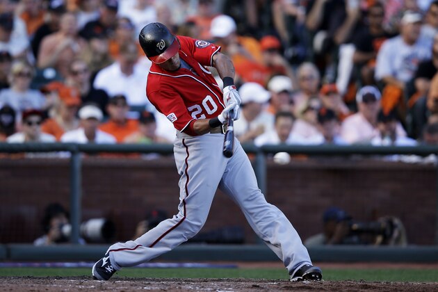 SAN FRANCISCO, CA - OCTOBER 06:  Ian Desmond #20 of the Washington Nationals hits a single in the seventh inning against the San Francisco Giants during Game Three of the National League Division Series at AT&T Park on October 6, 2014 in San Francisco, California.  (Photo by Ezra Shaw/Getty Images)