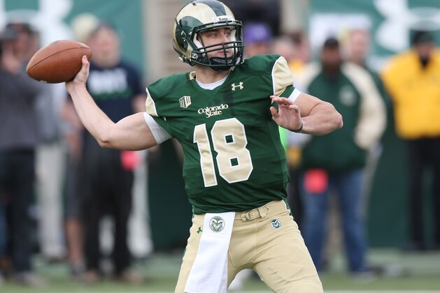 Colorado State quarterback Garrett Grayson throws against New Mexico in the third quarter of Colorado State's 58-20 victory in an NCAA football game in Fort Collins, Colo., on Saturday, Nov. 22, 2014. (AP Photo/David Zalubowski)