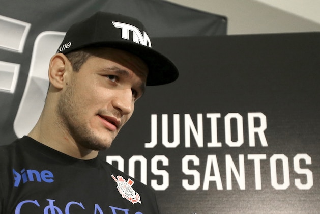 Former UFC heavyweight champion Junior Dos Santos, answers questions during a media availability Thursday, Oct. 17, 2013, in Houston. Santos will face UFC heavyweight champion Cain Velasquez in a rematch in Houston Saturday. Velasquez beat Santos in a five-round decision in December to regain the title after Santos won in a knockout in the first meeting in 2011. (AP Photo/Pat Sullivan)