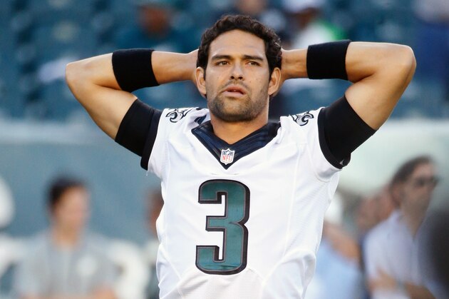 Philadelphia Eagles' Mark Sanchez stretches before an NFL preseason football game against the New York Jets, Thursday, Aug. 28, 2014, in Philadelphia. (AP Photo/Chris Szagola)