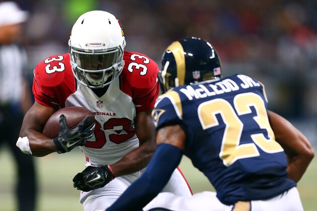 ST LOUIS, MO - DECEMBER 11:  Kerwynn Williams #33 of the Arizona Cardinals runs the ball in the first quarter against the St. Louis Rams during their game at Edward Jones Dome on December 11, 2014 in St Louis, Missouri.  (Photo by Dilip Vishwanat/Getty Images)