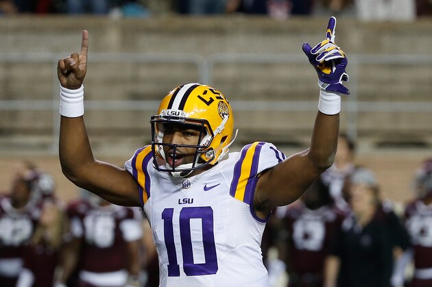 COLLEGE STATION, TX - NOVEMBER 27:  Anthony Jennings #10 of the LSU Tigers celebrates a touchdown pass in the first half of their game against the Texas A&M Aggies at Kyle Field on November 27, 2014 in College Station, Texas.  (Photo by Scott Halleran/Getty Images)