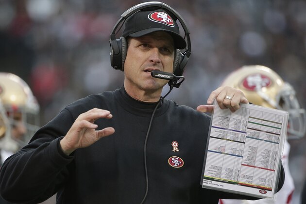 San Francisco 49ers head coach Jim Harbaugh stands on the sideline during the second half of an NFL football game against the Oakland Raiders in Oakland, Calif., Sunday, Dec. 7, 2014. (AP Photo/Marcio Jose Sanchez)